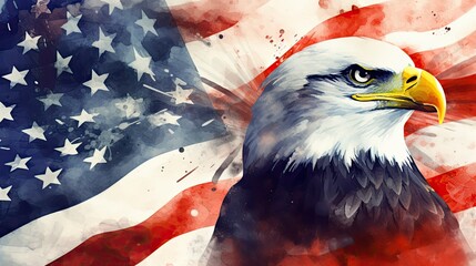 Eagle looking in profile against American flag background watercolor illustration