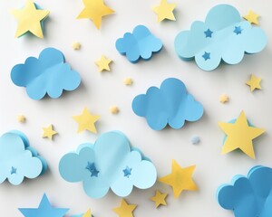Playful sticky notes shaped like clouds and stars in soothing shades of blue and yellow