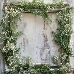 Plaque-style frame edged with bunches of babys breath and rosemary.