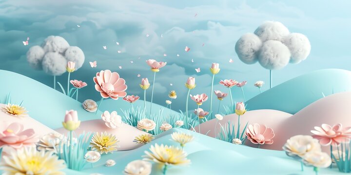 3D render, illustration 16K cute landscape, 3d flowers, earth day, neon color, 3d cute clouds, CAD, gradient blue background