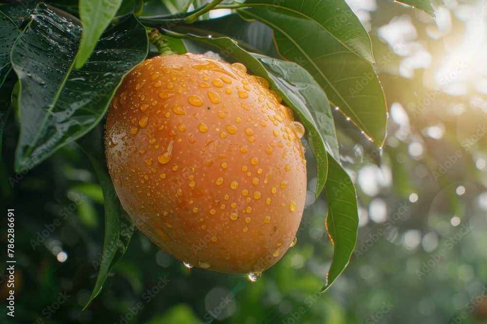 Poster macro close up of ripe mango with dew drops on tree, ideal wide banner with space for text