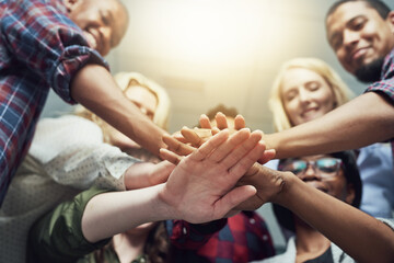 People, group and hands stack as teamwork or community trust, collaboration or diversity. Friends,...