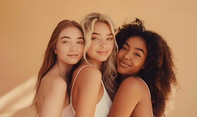 A diverse group of beautiful women with natural beauty and glowing smooth skin. Portrait of attractive female fashion models, Generative AI