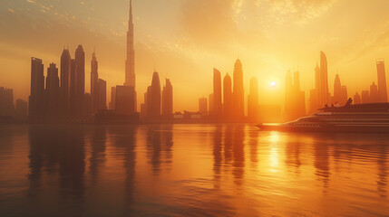 Fototapeta na wymiar Warm sunset over a tranquil city skyline with water reflections, ideal for travel or urban themes.