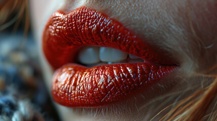 Very Close Up View of Beautiful Woman Lips With Red Glossy Lipstick
