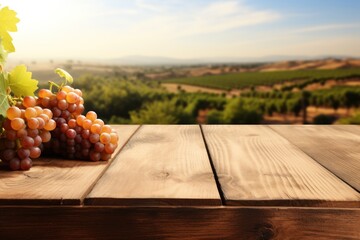 Empty wooden table top with grape and blurred background with field of vineyard. Mock up for wine product display.
