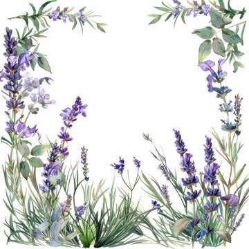 A watercolor square frame of lavender and wild herbs in a loose Boho arrangement.