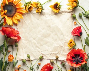 Fototapeta na wymiar A vibrant boho frame with sunflowers and poppies framing a farmers market flyer