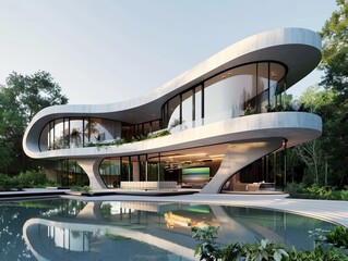 a modern house with a swimming pool in front of it