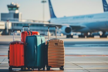 Business trip scheduling and flight bookings for holiday travel with luggage at airport wide banner
