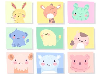 A set of pastel-colored digital sticky notes each with a cute animal doodle