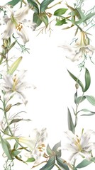 Obraz premium A sophisticated boho frame of white lilies and trailing vines enhancing an elegant wine tasting event card