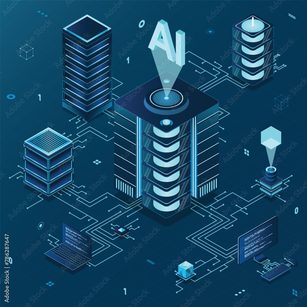 Poster isometric artificial intelligence technology. isometric cloud computing concept. artificial intellig
