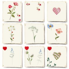 A series of digital sticky notes with heart and flower designs perfect for personal reminders or love notes