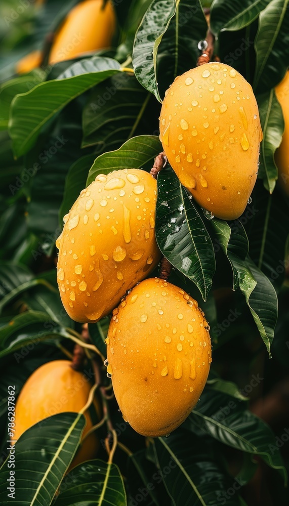 Aufkleber macro close up of fresh mango hanging on tree with dew drops, wide banner with space for text