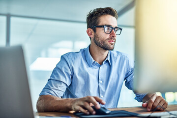 Computer, employee and man in office, copywriter and smile for job, startup and workplace of...