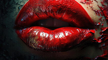 Red Liquid Color Paint Brush Strokes On Beautiful Women Red Lips Background Blur