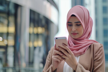 Close-Up of Muslim Woman Using Smartphone. Muslim woman in pink hijab texting on smartphone in urban setting, ideal for modern lifestyle themes.