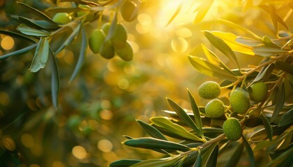 Spanish olive tree  close up of green olives on branch in sunny day setting, agriculture in spain