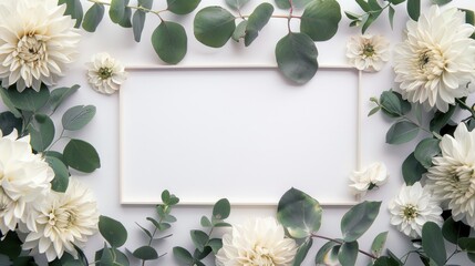 A rectangular frame decorated with eucalyptus leaves and white dahlias embodying a minimalist Boho chic style - obrazy, fototapety, plakaty