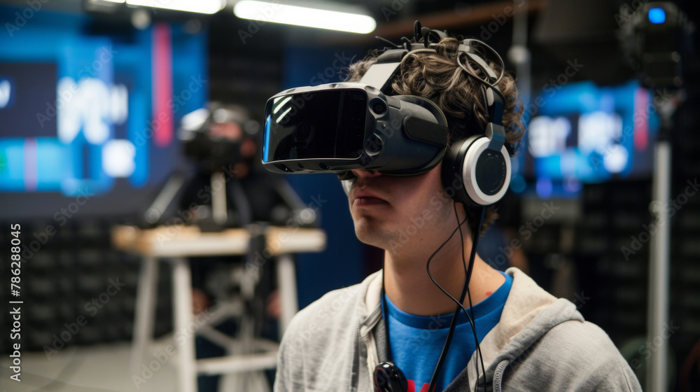 Poster Man Experiencing Virtual Reality in Tech Lab