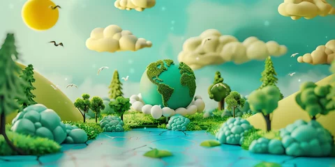 Tuinposter 3D render, illustration 16K cute landscape, earth day , gradient green background © rajagambar99