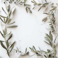 A minimalist Boho frame with single twigs of olive branches encircling a clear space. - obrazy, fototapety, plakaty