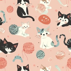 A memo pad design featuring a pattern of cute kittens and playful yarn balls on a soft pink background.