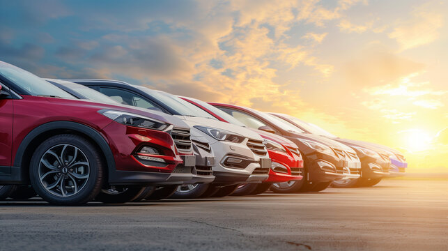 Low Angle View of Car Dealership Store at Sunset for Automotive Business Industry . Row of new cars at a dealership store during sunset, ideal for car vehicle dealer sale.