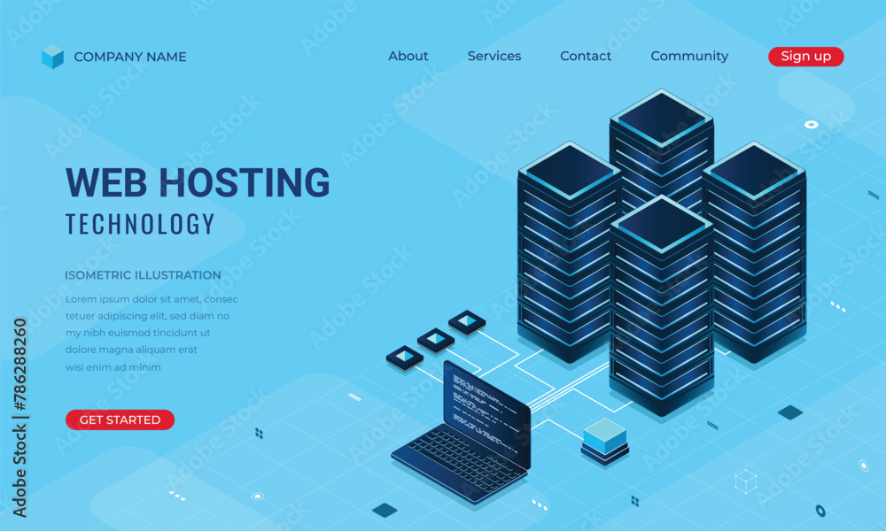 Poster isometric web banner hosting technology. computing cloud and connections. web hosting concept. landi