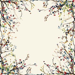 A free-form Boho frame of intertwining branches and small colorful buds