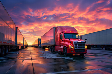 Vibrant Sunset Over Red Semi-Truck. Red semi-truck during sunset reflecting on wet asphalt, ideal for logistics and transportation themes.