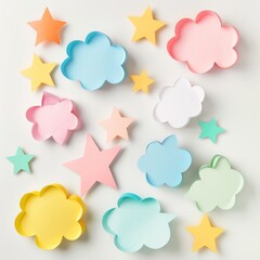 A collection of digital sticky notes in the shape of clouds and stars each with space for custom text