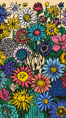 colorful illustration featuring an assortment of flowers in bloom. Ensure the illustration showcases a variety of flower types