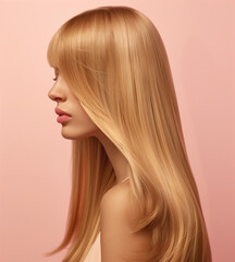 A model with blonde styled hair on a pink background, side profile