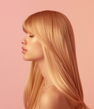 A model with long blonde styled hair on a peach background, side profile