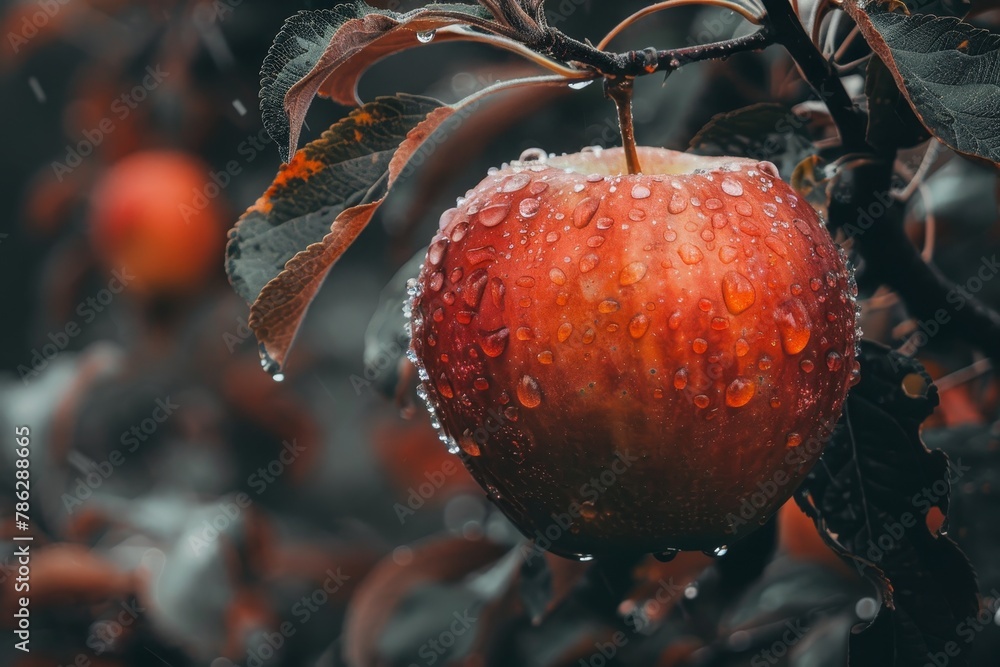 Poster macro close up of fresh apple with dew drops on tree as wide banner with space for text