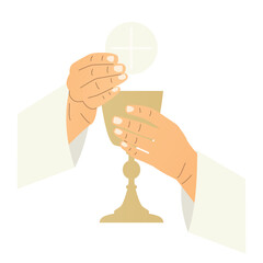 hands of priest holding holy eucharistic host and chalice, communion, wafer; it's ideal for religious publications, church newsletters, or spiritual websites- vector illustration