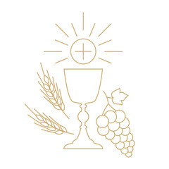 golden holy communion chalice with waffer, grapes and wheat ears; design element for first holy communion invitations and greeting cards - vector illustration