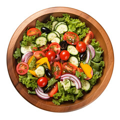 a clean white backdrop in a studio setting, a wooden bowl holds a vibrant vegetable salad comprising tomatoes, cucumbers, lettuce, onions, olives, and bell peppers.