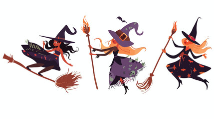Cute Halloween witches flying on broomsticks clipart vector