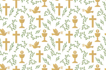 seamless pattern with christian religion icons: dove, chalice and cross; great for wrapping, greeting cards, invitations- vector illustration - obrazy, fototapety, plakaty