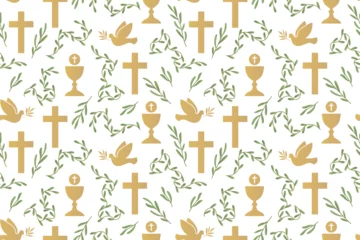 Küchenrückwand glas motiv seamless pattern with christian religion icons: dove, chalice and cross  great for wrapping, greeting cards, invitations- vector illustration © chrupka