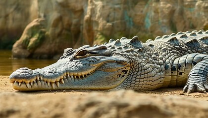Fototapeta premium Detailed close up of a wild crocodile in its natural habitat, capturing intricate features