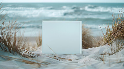 White horizontal frame for wall art mockup on the seashore, on a sandy beach with a beautiful landscape.