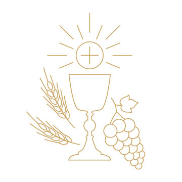 golden holy communion chalice with waffer, grapes and wheat ears; design element for first holy communion invitations and greeting cards - vector illustration