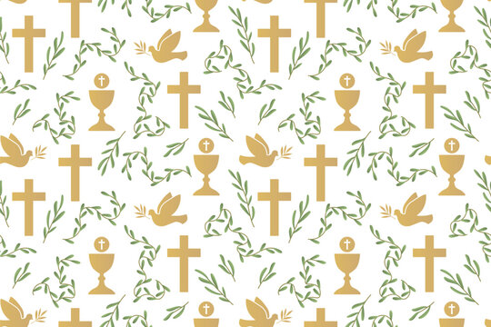 Fototapeta seamless pattern with christian religion icons: dove, chalice and cross  great for wrapping, greeting cards, invitations- vector illustration