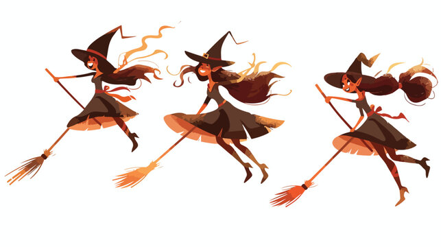 Cute Halloween witches flying on broomsticks clipart vector