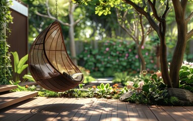 An art piece featuring a hanging chair from a tree in a natural landscape