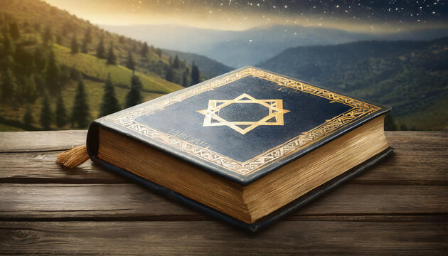 Open Old holy book of Jewish with the symbol of David's star on the table against the mountains with bokeh lights. Abstract illustration vintage, grunge tonned